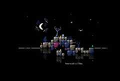 Pixel art scene with a character on stone platforms, a crescent moon, trees, and a bat against a night sky.