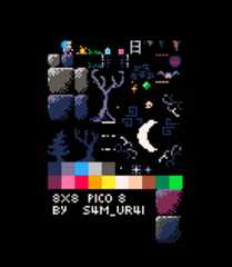 Pixel art sprite sheet with a character, trees, moon, rocks, and color palette on a black background.