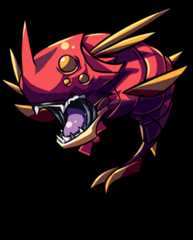 Cartoon-style red and purple fish with large mouth, sharp teeth, and yellow spikes along its body.