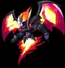 Armored demon with flaming wings, a horned helmet, and a fiery sword, floating in a dynamic pose