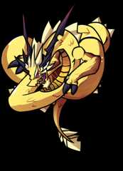 Coiled yellow dragon with black horns, white mane, and sharp claws in a dynamic pose on a transparent background.