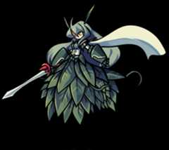 Armored dryad character with green leaf dress, long hair, white cape, and holding a sword