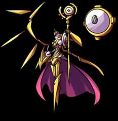 Armored queen-like robot with gold clockwork details, purple cape, and floating clock-themed staff and shield.