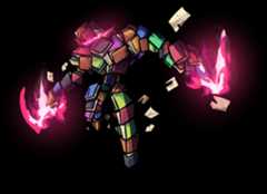 Golem made of colorful books with glowing pink eyes and hands, surrounded by floating pages and pink energy