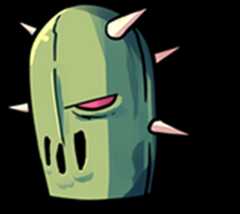Cartoon green cactus character with pink spikes and a single half-closed eye, facing forward.