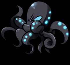 Cartoon-style dark octopus with glowing blue spots and a single blue eye on a black background
