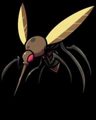 Cartoon-style giant mosquito with yellow wings, red eyes, and long legs on a black background