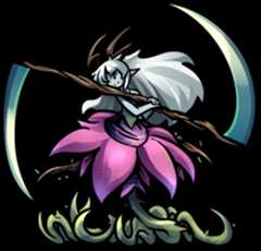 Elf warrior with white hair, pink flower skirt, and staff, surrounded by crescent shapes and vines