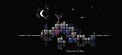 Pixel art night scene with a character and animals on rocky platforms, crescent moon, stars, and trees.