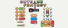 Pixel art UI elements including sliders, buttons, icons, and the text 'Cute UI Fantasy' with a sword graphic.