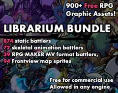 Colorful fantasy creatures and characters with bold text advertising the Librarium Bundle of RPG graphic assets.