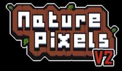Nature Pixels V2 Pixel art logo with blocky white text reading 'Nature Pixels V2' on a brown wood background with green leaves.