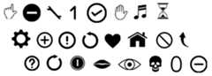 The keys follow this order: first row: hand pointing up, black token with horizontal slit, wrench, number one, check sign, hand with all fingers lifted, beam note, hourglass. Second row: sprocket, plus sign, exclamation mark, counterclock-wise, heart, house, stop sign, up arrow. Third row: question mark, clockwise arrow, token with vertical slit, mouth, eye, skull, number zero, white token with horizontal slit.