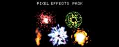 PIXEL EFFECTS PACK Four colorful pixel art explosion and energy effects on a white background, labeled Pixel Effects Pack at top.