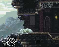 SideScroll WORLDS Pixel art scene of a dark stone castle with icicles, cobwebs, and mountains in the background. Text reads 'SideScroll Worlds'.