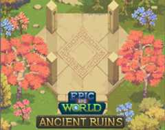 Pixel art cover with stone ruins, four pillars, autumn trees, and the title 'Epic RPG World: Ancient Ruins' at the bottom.