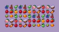 Rows of colorful pixel art fruits including berries, cherries, pears, peaches, coconuts, apples, and bananas on a purple background.