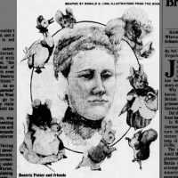 Illustration of Beatrix Potter and her friends, book characters inspired by real-life pets