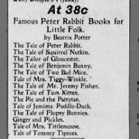List of Beatrix Potter animal books for sale in 1911 newspaper, including 