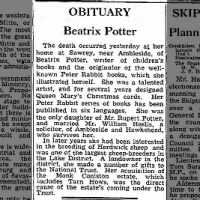 1943 obituary for Beatrix Potter speaks of her author career, conservation, and sheep breeding