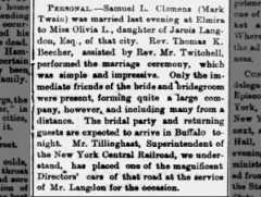 Marriage notice for Samuel Clemens (Mark Twain) and Olivia Langdon in 1870