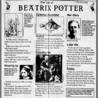 Summary biography of Beatrix Potter's childhood, pets, drawings, books, conservation efforts
