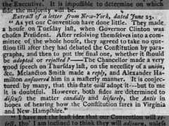Alexander Hamilton mentioned in a letter describing debates about the Constitution in New York