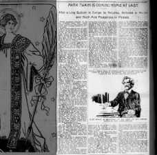 Mark Twain returns from his travels in Europe