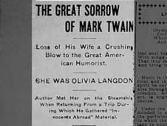 Headline announces the death of Olivia Langdon, wife of Mark Twain