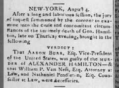 Jury at coroner's inquest into Hamilton's death finds Aaron Burr guilty of murder
