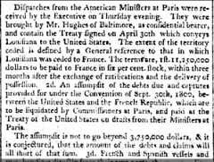 News reprinted in Ireland papers details cost of Louisiana Purchase as 11,250,000 plus French debts