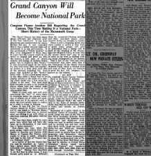 Grand Canyon to become a National Park in 1919, some history shared (excerpt)