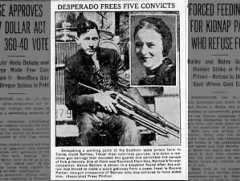 Photo of Clyde with gun. Photo of Bonnie at right.