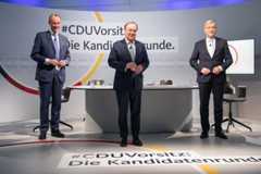 CDU: BERLIN, GERMANY - JANUARY 08: (L-R) Candidates for the presidency of Germany's Christian Democratic Union (CDU), Friedrich Merz, Armin Laschet and Norbert Roettgen attend discussion in CDU headquarter on December 8th, 2021 in Berlin, Germany. CDU Leading members of the German Christian Democrats (CDU) Friedrich Merz, Armin Laschet and Norbert Roettgen, who are vying for the leadership of the party, debated with one another during their second round of live-streamed debates at CDU headquarters. The party is scheduled to elect a new leader later this month. (Photo by Andreas Gora - Pool/Getty Images)