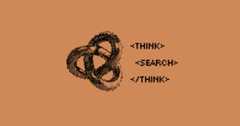 Abstract interlocking circles pattern in black on orange, with text 'THINK:SEARCH:THINK' below.