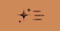 Logo with words "THINK SEARCH THINK" in black dot and arrow patterns on an orange background, accompanied by horizontal lines