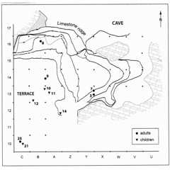Figure 6. Map of the terrace indicating the location of the skeletons discussed in this paper. The location of the Neville’s discoveries (3 et 7) is approximate due to the lack of precise data. (Qafzeh archives).Plan de la terrasse avec la localisation des squelettes discutés dans cet article. La localisation des découvertes de Neuville (3 et 7) est approximative.