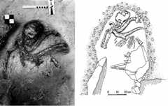 Figure 8. Qafzeh 11 burial picture and drawing, not to the same scale (Qafzeh archives).La sépulture de Qafzeh 11 (le dessin et la photographie ne sont pas à la même échelle).