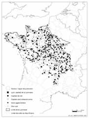 Fig. 1 : Carte générale des sites d’artisanat inventoriés en Lyonnaise et dans les cités du nord et de l’est de l’Aquitaine : les “ zones ” de production sont figurées par des cercles, les chefs-lieux de cités par des carrés noirs, les autres agglomérations par des cercles noirs, les sites ruraux (dont fermes et villae) par des points noirs