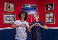 USWNT midfielders Lily Yohannes and Korbin Albert pose in the new 2025 US jerseys.