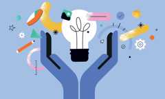 Two hands held up around a lightbulb surrounded by a gear, a speech bubble, a pencil, a pie chart and other images indicating innovation and creativity 