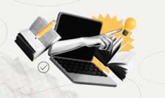 An illustration of a hand reaching out of a laptope, pointing at a lightbulb, flanked by open books, one with a pencil poised above it. 