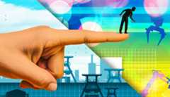 AI and jobs Conceptual illustration depicts the industrial revolution and a robotic computerized future. We see a giant finger pointing from the past to the future and a silhouette of a human being looking as though he is trying to find his place in the future.