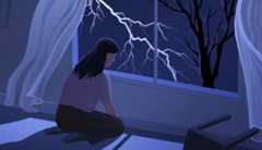 Intimate partner violence Conceptual illustration in dark blue tones shows a woman on her knees next to a smashed window; a chair is lying on its side behind her.