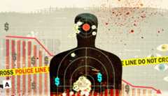 Economics and crime Conceptual collage shows a bar chart, police line tape, dollar signs and the shape of a human target.