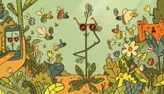 Arabidopsis superstar Illustration shows skinny plant wearing sunglasses and posing for photographs while animals, plants and a person cluster around it.