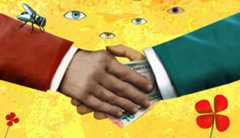 Corruption Illustration shows a handshake with money changing hands, and watching eyes.