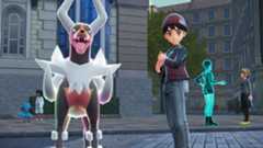 Shep standing next to Mega Houndoom.