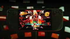 A Steam Deck appears in front of monitors.