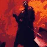 A man holds a shovel in front of a red background.